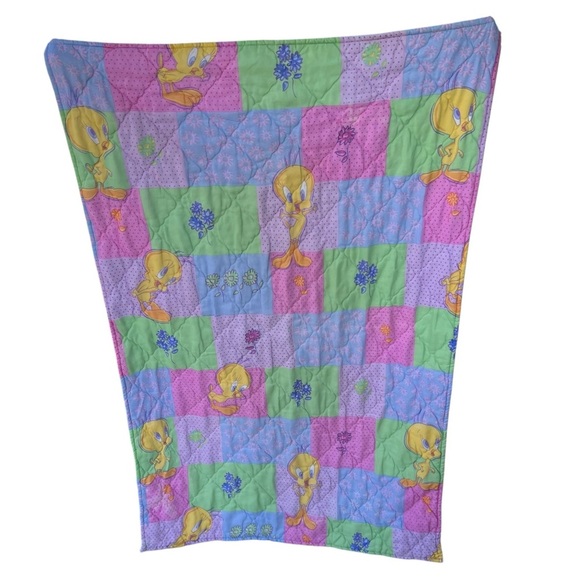 Y2K Looney Tunes Tweety Bird Patchwork Quilted Blanket Pastels 38x60 GUC - Picture 2 of 16